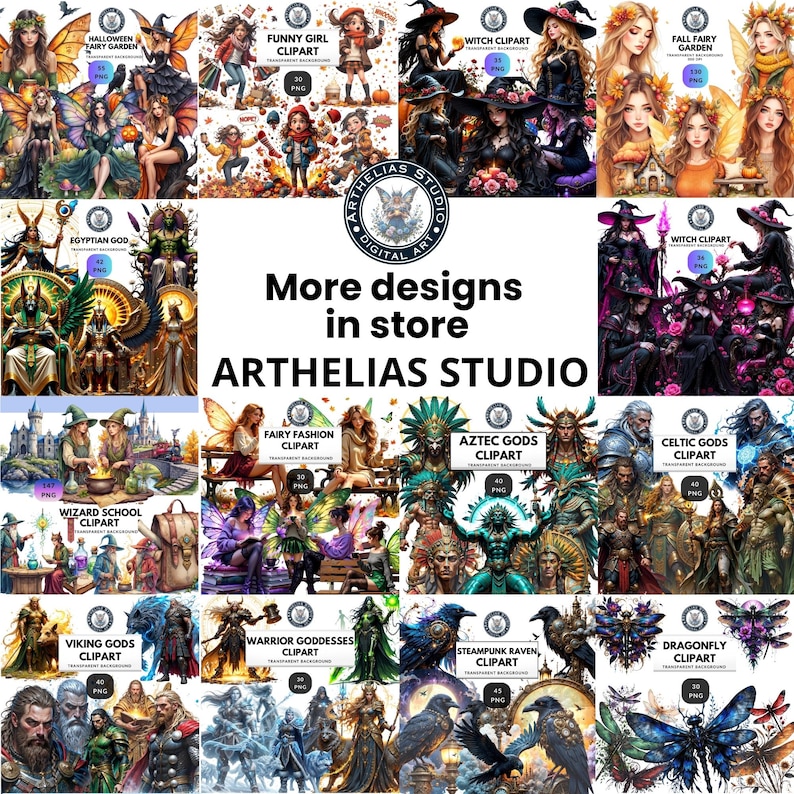May include: A digital art collage showcasing various themed clipart collections from Arthelias Studio, including Halloween fairies, witches, Egyptian and Aztec gods, wizard school scenes, Celtic deities, Viking warriors, and steampunk ravens.