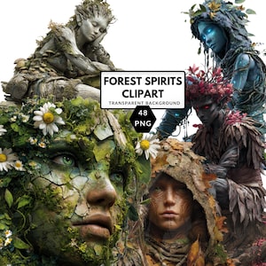 Può includere: Un'immagine di arte digitale con quattro figure di spiriti della foresta. Le figure sono adornate con elementi naturali come foglie, fiori e muschio. L'immagine include il testo "FOREST SPIRITS CLIPART" e "TRANSPARENT BACKGROUND" con "48 PNG".