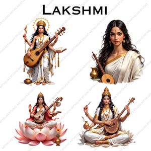 May include: A digital illustration set titled LAKSHMI featuring four depictions of a deity with long dark hair, wearing white and gold garments, adorned with jewelry, and holding a stringed musical instrument, with some figures seated on a lotus.
