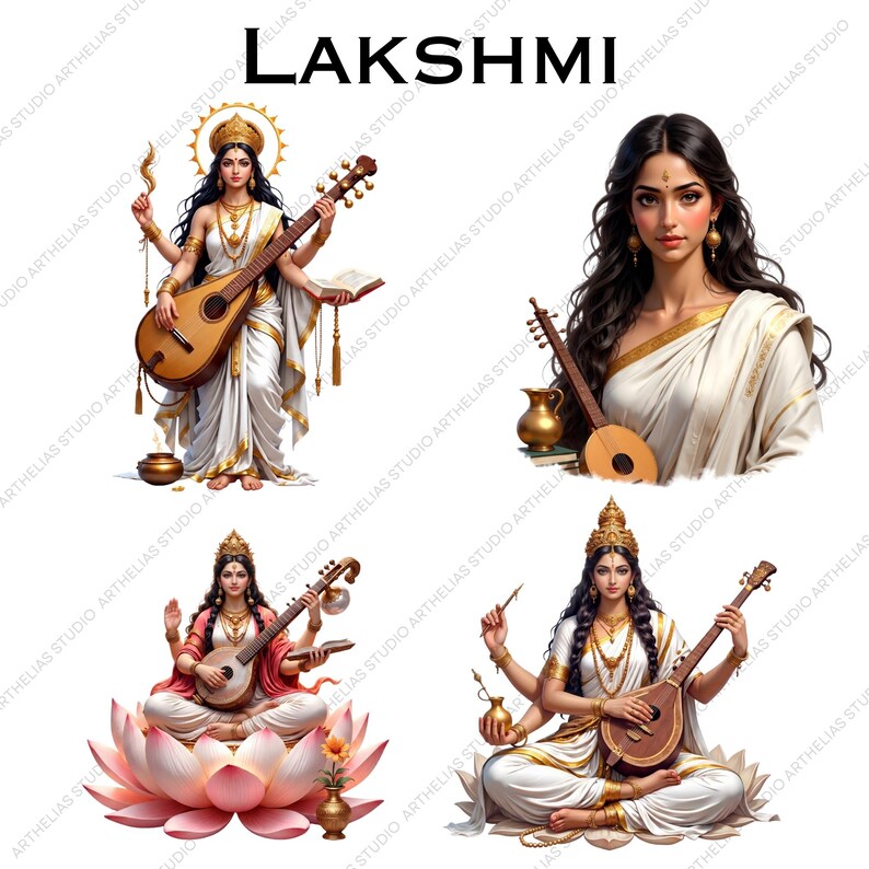 May include: A digital illustration set titled LAKSHMI featuring four depictions of a deity with long dark hair, wearing white and gold garments, adorned with jewelry, and holding a stringed musical instrument, with some figures seated on a lotus.