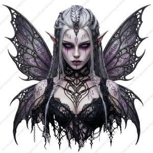 May include: A digital illustration of a gothic fairy with pale skin, silver hair in braids, and purple eyes. She wears a black lace corset and has large, detailed wings with dark accents. The image has a fantasy theme.