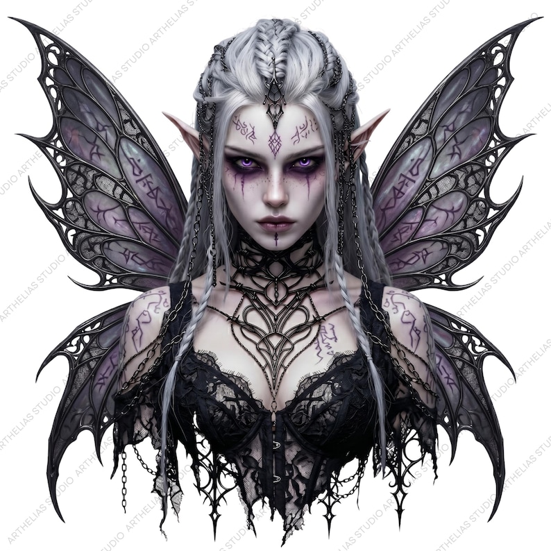 May include: A digital illustration of a gothic fairy with pale skin, silver hair in braids, and purple eyes. She wears a black lace corset and has large, detailed wings with dark accents. The image has a fantasy theme.
