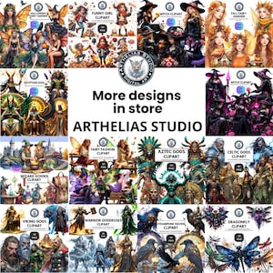May include: A collage of digital art clip art featuring various themes. The image includes fairies, witches, gods, and other fantasy characters. Text in the image reads "More designs in store" and "ARTHELIAS STUDIO."