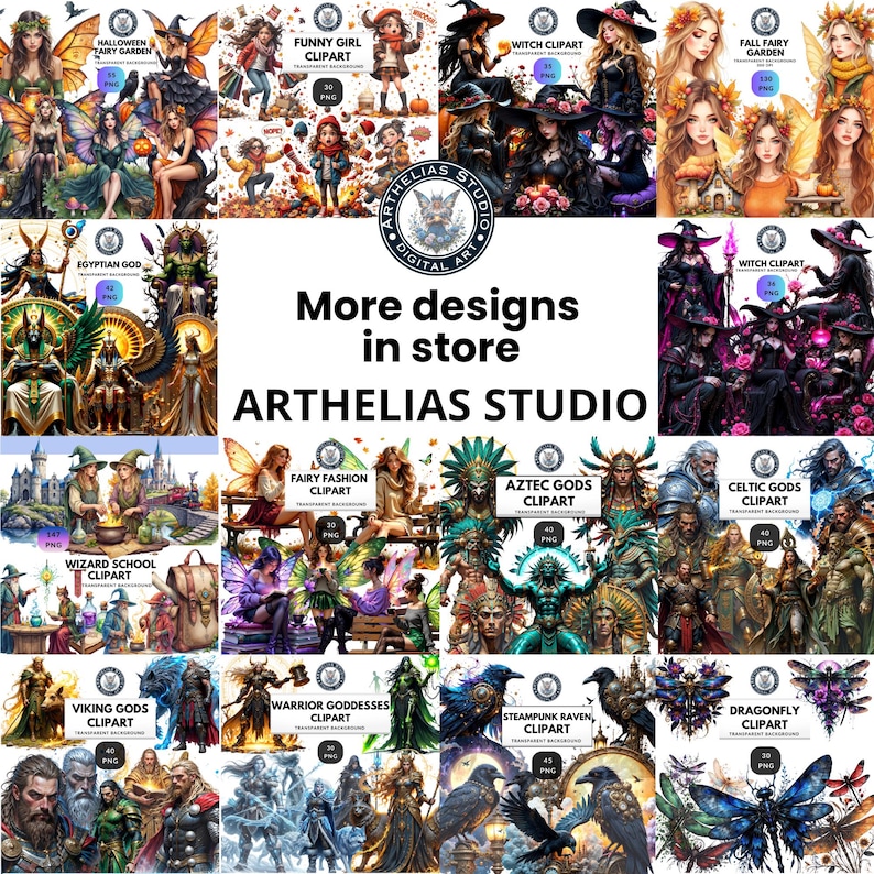 May include: A collage of digital art clip art featuring various themes. The image includes fairies, witches, gods, and other fantasy characters. Text in the image reads "More designs in store" and "ARTHELIAS STUDIO."