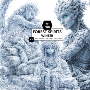 May include: Digital art featuring four ethereal figures with icy blue skin and eyes, evoking a winter forest theme. The image includes the text "FOREST SPIRITS WINTER" and "TRANSPARENT BACKGROUND".