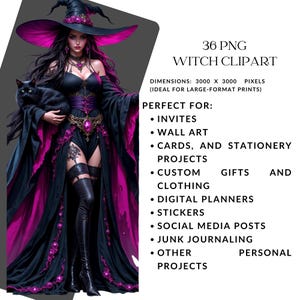 May include: A digital illustration of a witch holding a black cat, wearing a black and purple gown and hat. The image includes text that reads "36 PNG Witch Clipart" and lists uses such as invites, wall art, and stickers.