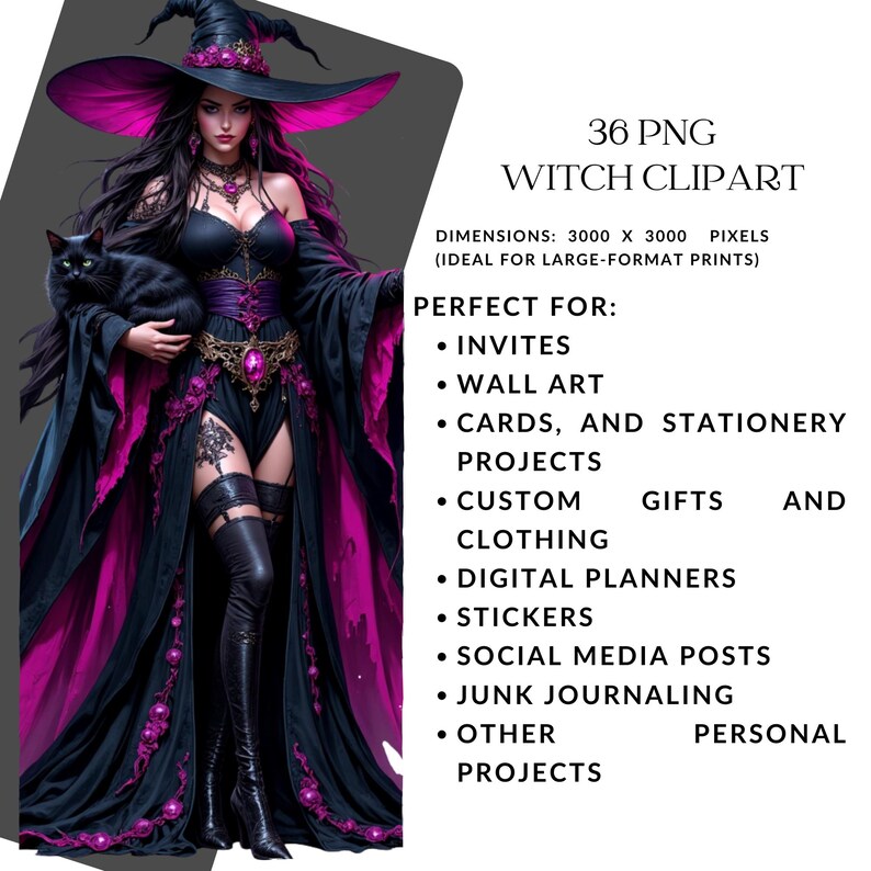 May include: A digital illustration of a witch holding a black cat, wearing a black and purple gown and hat. The image includes text that reads "36 PNG Witch Clipart" and lists uses such as invites, wall art, and stickers.