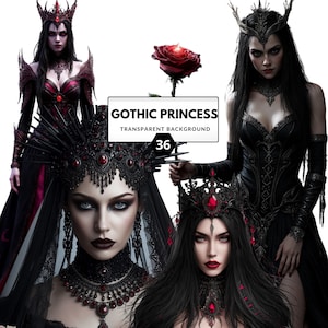 Puede incluir: Un collage digital que presenta múltiples imágenes de una princesa gótica. Las imágenes muestran a mujeres con elaborados vestidos negros, adornadas con coronas oscuras y joyas con detalles rojos. También hay una rosa roja presente, y se muestra el texto "GOTHIC PRINCESS TRANSPARENT BACKGROUND 36".