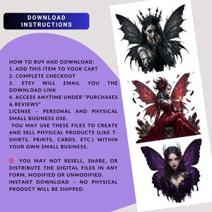 May include: Digital download featuring three fantasy fairy illustrations with detailed wings and dark aesthetics. The image includes instructions on how to download the files and the license for personal and small business use.