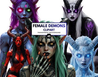 Female Demon Clipart Set – Demonic Fantasy Characters for Dark Art, Journals, Scrapbooking & Creative Projects