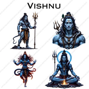 May include: Four distinct illustrations of the deity Shiva, featuring blue skin, long dark hair, and a trident. One shows a standing figure, another a close-up portrait, one in a dynamic pose, and one meditating with a fire, all labeled VISHNU.
