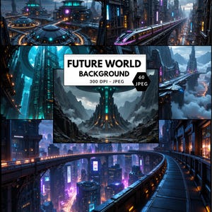 May include: A digital collection of 60 futuristic cityscapes and sci-fi landscapes featuring elevated train tracks, towering skyscrapers, and glowing neon lights. The central graphic displays the text FUTURE WORLD BACKGROUND 300 DPI - JPEG.