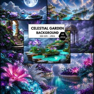 May include: A digital art collage featuring a celestial garden theme. The image showcases various scenes with vibrant colors, including a full moon, waterfalls, and blooming flowers. Text on the image reads "Celestial Garden Background" and "300 DPI - JPEG".