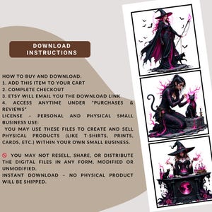 May include: Digital download instructions with three illustrations of witches in black and pink. The text reads "Download Instructions" and provides steps on how to buy and download the digital files, including license details for small business use.