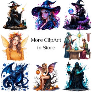 May include: A collection of fantasy-themed digital illustrations featuring witches, fairies, a dragon, and a wizard. The images showcase vibrant colors and intricate details, with the text "More ClipArt in Store" in the center.