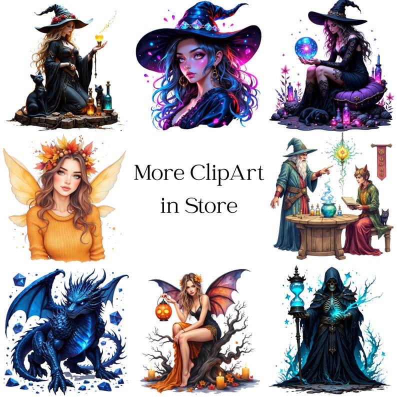 May include: A collection of fantasy-themed digital illustrations featuring witches, fairies, a dragon, and a wizard. The images showcase vibrant colors and intricate details, with the text "More ClipArt in Store" in the center.