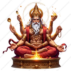 May include: A multi-armed deity figure with a long white beard and hair, wearing a golden crown and red robes. The figure sits in a meditative pose on a circular pedestal with a small fire in front, holding a spoon, a bowl of fire, and beads.