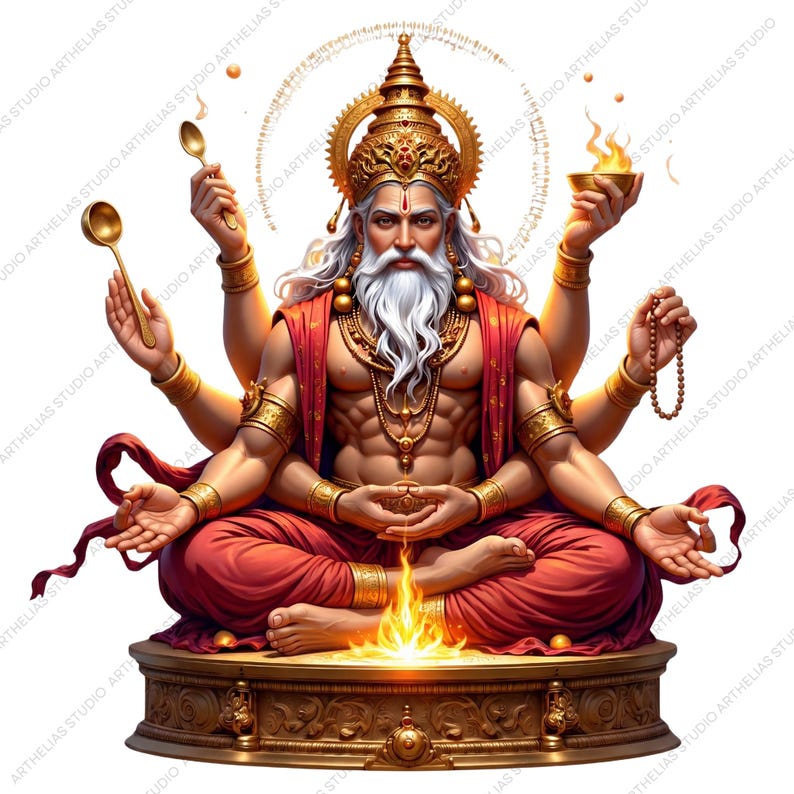 May include: A multi-armed deity figure with a long white beard and hair, wearing a golden crown and red robes. The figure sits in a meditative pose on a circular pedestal with a small fire in front, holding a spoon, a bowl of fire, and beads.