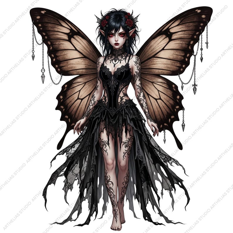 May include: Digital illustration of a gothic fairy with large, detailed butterfly wings. The fairy wears a black dress with intricate lace and floral details, adorned with tattoos. Her dark hair is styled with red roses and a delicate headpiece.