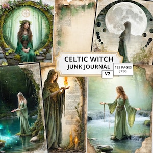 May include: A digital collage featuring a Celtic Witch Junk Journal. The image showcases illustrations of women in flowing green gowns, with nature-themed backgrounds. The journal cover includes the text "Celtic Witch Junk Journal" and details about the pages.