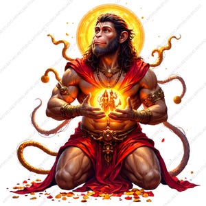 May include: A muscular monkey-like deity with dark fur and long hair, wearing a red garment and gold jewelry, kneels while holding a glowing orb containing two small figures. A large golden halo shines behind the head, with a long tail curving outward.