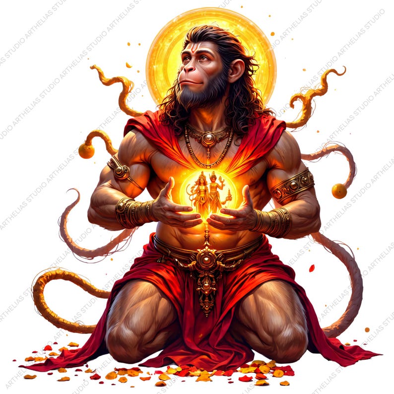 May include: A muscular monkey-like deity with dark fur and long hair, wearing a red garment and gold jewelry, kneels while holding a glowing orb containing two small figures. A large golden halo shines behind the head, with a long tail curving outward.