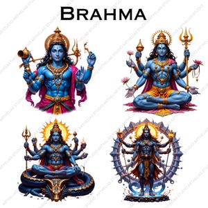 May include: A digital illustration set titled BRAHMA featuring four distinct depictions of a blue-skinned deity with multiple arms. Each figure is adorned with ornate gold jewelry, crowns, and colorful garments, holding various symbolic items like tridents, lotus flowers, and staffs while posed in meditative or standing positions.