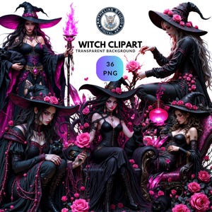 May include: Digital art featuring multiple images of witches in black attire with pink accents, adorned with roses and witch hats. The images include a black cat, a magic staff, and the text "Witch Clipart".
