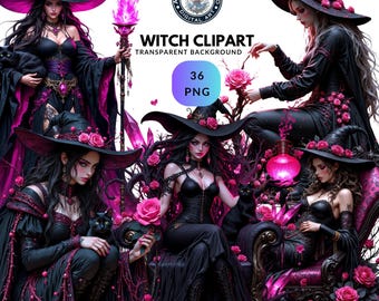 Witch Clipart Bundle, Gothic Witch PNG, Steampunk Fantasy Art, Dark Magic Graphics, Pagan Digital Ephemera, Scrapbook Images.