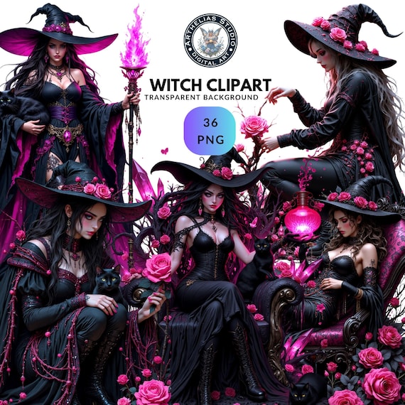 Witch Clipart Bundle, Gothic Witch PNG, Steampunk Fantasy Art, Dark Magic Graphics, Pagan Digital Ephemera, Scrapbook Images.