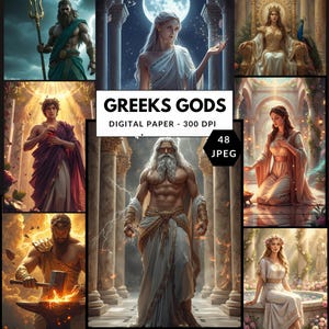 Pode incluir: Uma coleção de papéis digitais com ilustrações de deuses e deusas gregos. A imagem inclui várias figuras com representações detalhadas, incluindo Zeus com um tridente, e o texto "GREEKS GODS DIGITAL PAPER - 300 DPI 48 JPEG".