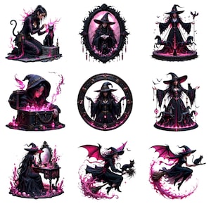 May include: A collection of digital art featuring witches in various poses. Each witch is depicted in a black outfit with a pointed hat, accented with pink and purple details. Some images include black cats, brooms, and magical elements.