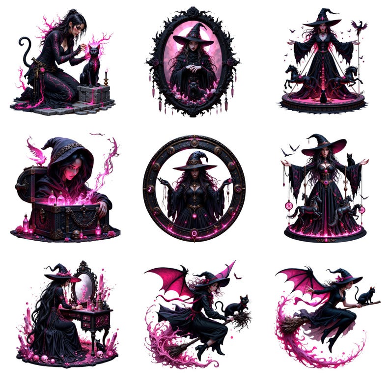 May include: A collection of digital art featuring witches in various poses. Each witch is depicted in a black outfit with a pointed hat, accented with pink and purple details. Some images include black cats, brooms, and magical elements.
