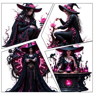 May include: A collage of four images featuring a witch theme. The images depict a woman in a black dress and hat with pink accents, holding a black cat, roses, and potion bottles. The background is white.