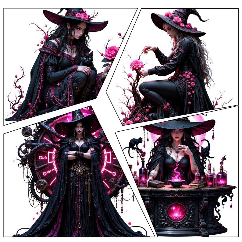 May include: A collage of four images featuring a witch theme. The images depict a woman in a black dress and hat with pink accents, holding a black cat, roses, and potion bottles. The background is white.