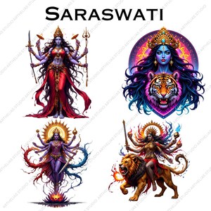 May include: A digital graphic sheet titled SARASWATI featuring four distinct illustrations of a multi-armed deity. The images depict a figure with blue skin, ornate gold jewelry, and flowing hair, shown with a tiger, a lion, and lotus flowers.