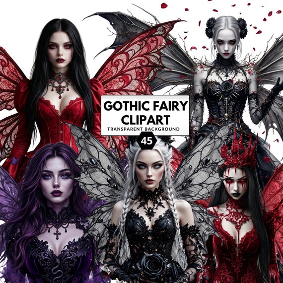 Gothic Fairy Clipart Set – Dark Fantasy Fairies PNG for Junk Journal, Scrapbooking & Digital Art