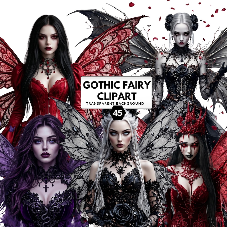 May include: A digital collage featuring several gothic fairy illustrations with detailed wings and dark attire. The text "GOTHIC FAIRY CLIPART TRANSPARENT BACKGROUND" is displayed. The number "45" is also visible.