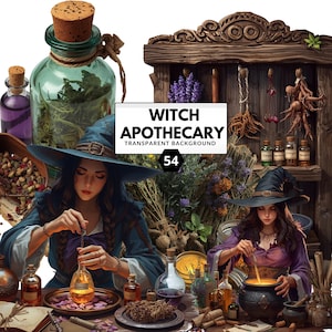 May include: An illustration of a witch's apothecary with various potions, herbs, and tools. The image features two women in witch hats, working with potions. The text "Witch Apothecary Transparent Background" is displayed. A variety of glass bottles and jars are visible.