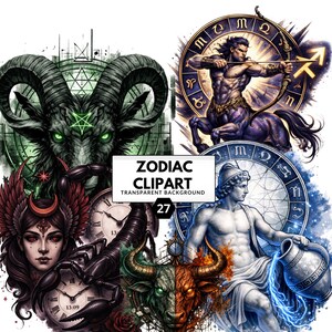 Peut inclure: Ensemble d'images clipart du zodiaque avec des illustrations détaillées des signes astrologiques. Comprend un bélier, un centaure, un scorpion, un taureau et une figure avec une cruche d'eau. Les images sont sur fond transparent.