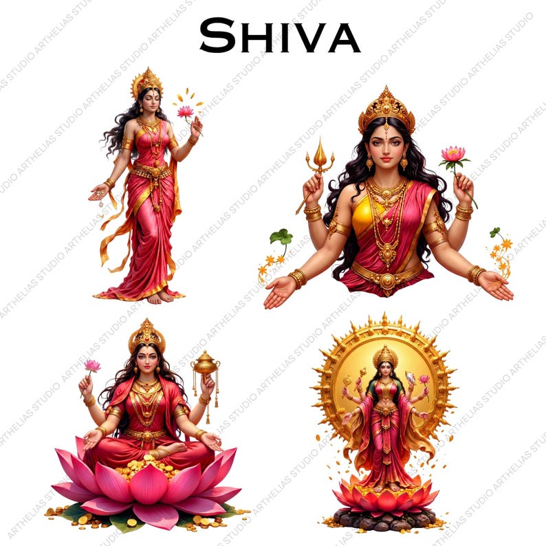 May include: Four illustrations of a deity labeled SHIVA, featuring long dark hair, gold crowns, and pink and yellow garments. The figures hold items like a lotus flower, a trident, and a golden vessel, with some seated on a large pink lotus flower.
