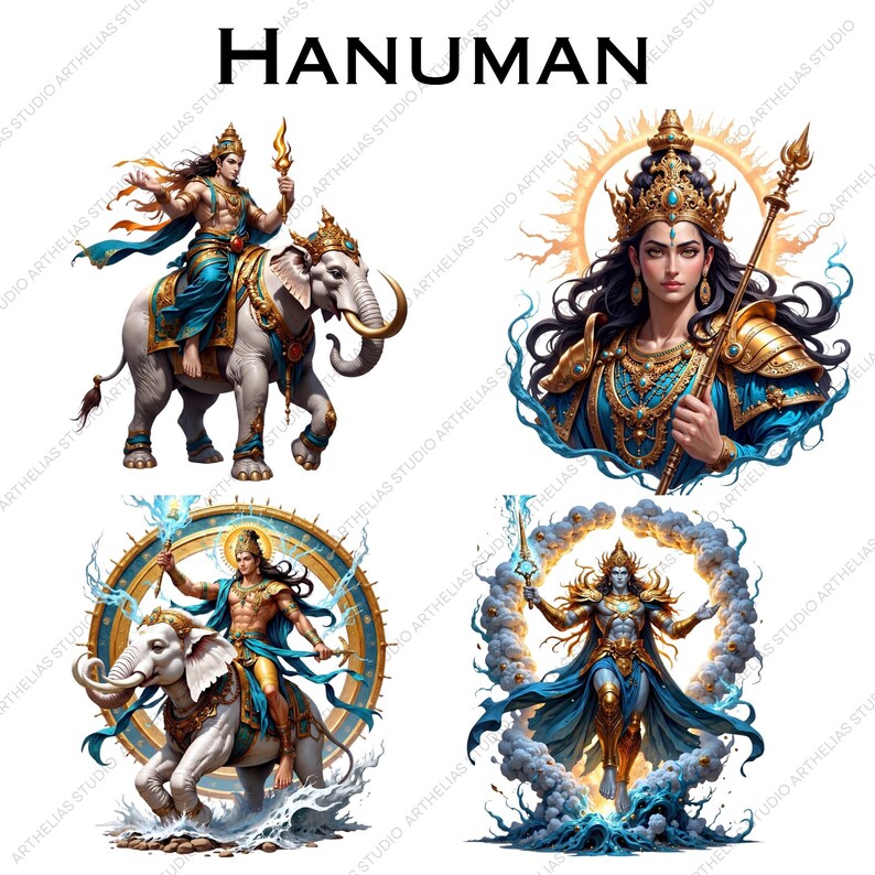 May include: A digital illustration set titled HANUMAN featuring four distinct depictions of a deity. The images show a figure in ornate gold and blue attire, often riding a white elephant, holding a golden staff, and surrounded by circular halos.