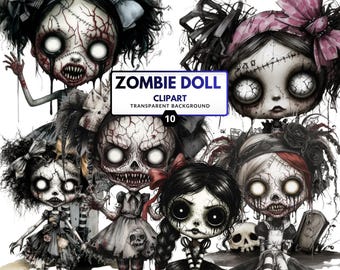 Zombie Doll Clipart Bundle – Gothic Creepy PNGs (10 Files)