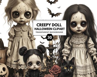 Creepy Doll Halloween Clipart – Gothic Horror PNG Set (Digital Download)