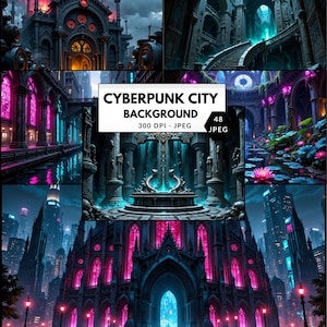 May include: A digital collection of 48 high-resolution JPEG images featuring cyberpunk city backgrounds. The set includes various architectural scenes with gothic structures, neon pink and blue lighting, water features, and dark, moody urban environments.
