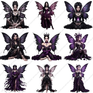 May include: A digital art print featuring nine gothic fairy illustrations. Each fairy is depicted with dark wings, elaborate dresses, and crowns, in shades of black, purple, and silver. The artwork has a fantasy theme, with a focus on detailed character design.