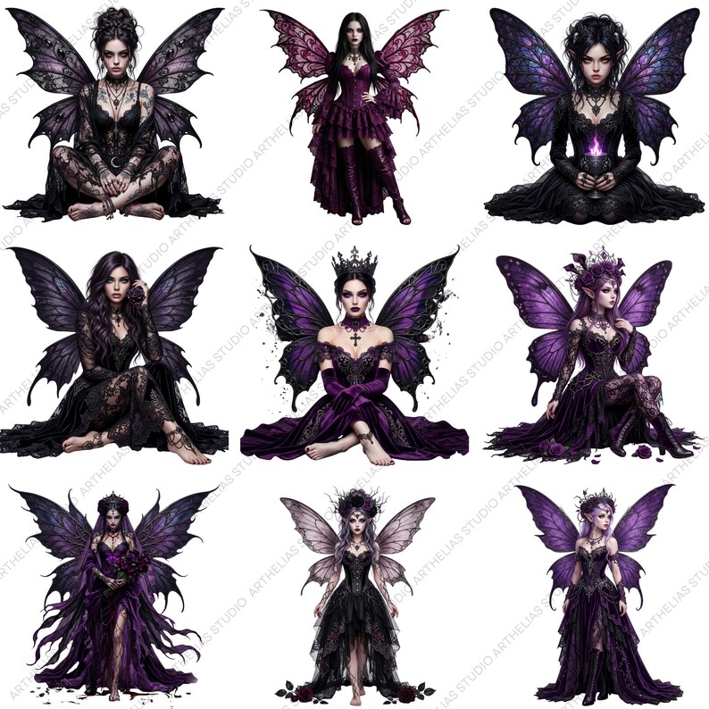 May include: A digital art print featuring nine gothic fairy illustrations. Each fairy is depicted with dark wings, elaborate dresses, and crowns, in shades of black, purple, and silver. The artwork has a fantasy theme, with a focus on detailed character design.