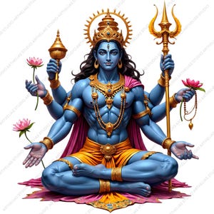 May include: A blue-skinned deity with four arms sits in a meditative pose, wearing gold jewelry and a yellow garment. The figure holds a golden trident, a lotus flower, and a small golden vessel, while adorned with a crown and a third eye on the forehead.