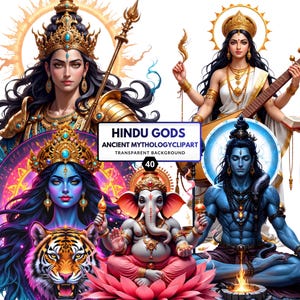 May include: A digital collection of Hindu deities featuring Ganesha, Shiva, and other figures with ornate gold crowns, jewelry, and vibrant colors. A central white label displays the text HINDU GODS ANCIENT MYTHOLOGYCLIPART 40 on a white background.