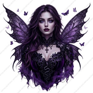 May include: Digital illustration of a woman with purple hair and blue eyes, adorned with purple fairy wings and butterflies. She wears a dark purple dress with intricate lace detailing and a cross pendant. The image has a fantasy theme.
